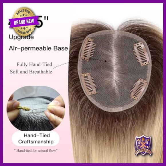 14 Inch Human Hair Topper for Thinning Hair, Hand-Tied Base with Non-Slip Clips
